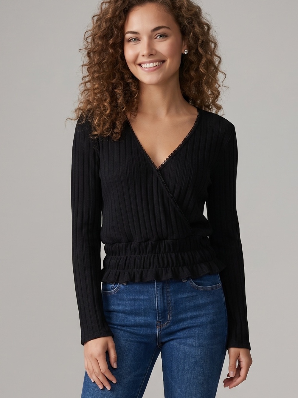 🌻NEW w/tag Lucky Brand Smocked Pointelle Blouse Black Faux Wrap Long Sleeve M